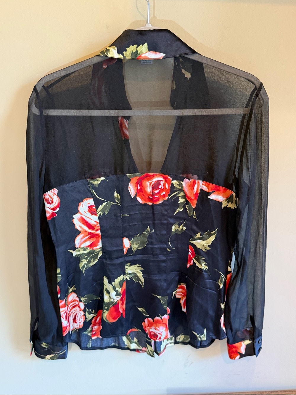Cache Silk Black Sheer Sweetheart neckline Floral Button-Up Blouse - Picture 4 of 6